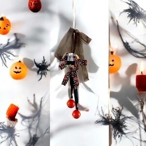 Halloween Pumpkin Garland 13" Orange Black Metal Jingle Bells Wall Door Hanging